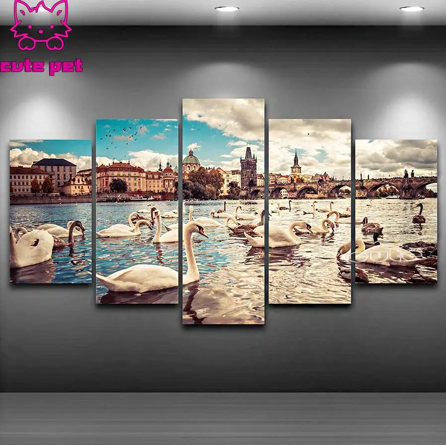 5 Pcs Swans Lake City Building Bridge Scenery 5d diy full square round drill diamond painting mosaic embroidery cross stitch art