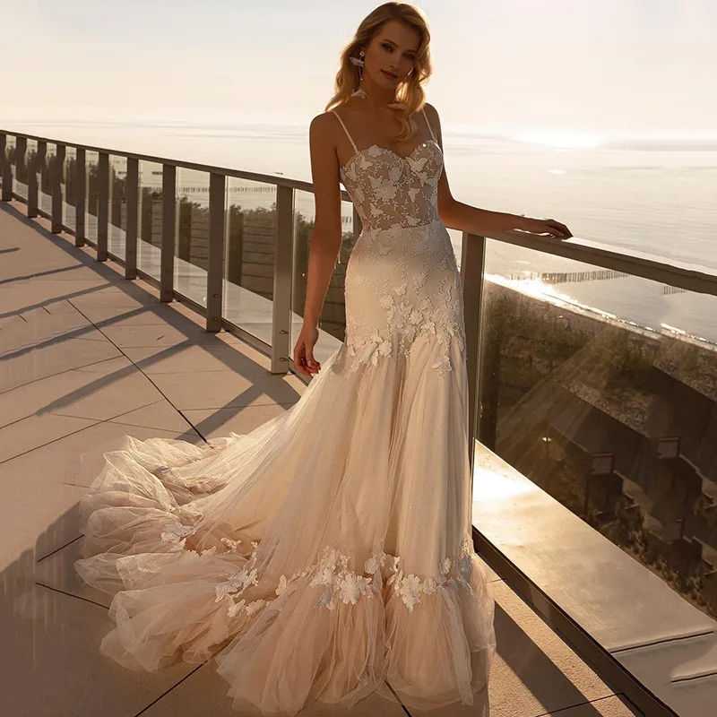 Sexy boho champanhe vestido de casamento sereia rendas vestidos de noiva 2021 alças de espaguete praia casamento vestidos de noite sereia