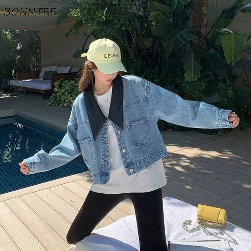 

Базовые куртки женские синие джинсовые винтажные универсальные стильные женские укороченные верхняя одежда BF дизайн весенняя лоскутная одежда для отдыха тонкая