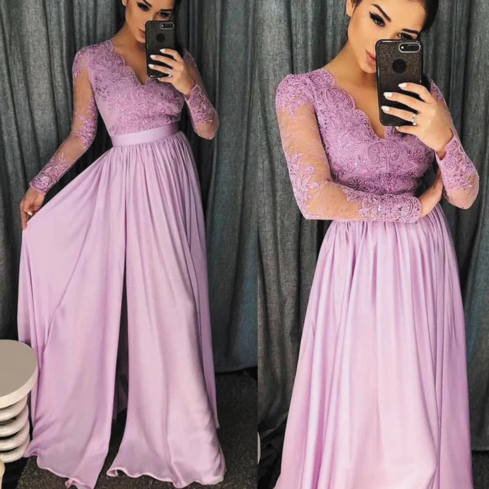 SuperKimJo Vestidos Purple Prom Dresses Long Sleeve V Neck Lace Applique Beaded Elegant Prom Gown Vestido De Fiesta Largo