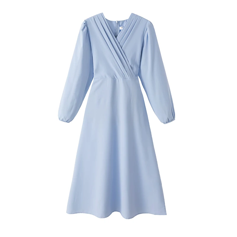 Elegant V-Neck Women Chiffon Dress 2024 New Spring Long Sleeve Tea-Length Solid Color Dresses OL Female Robe Vestido