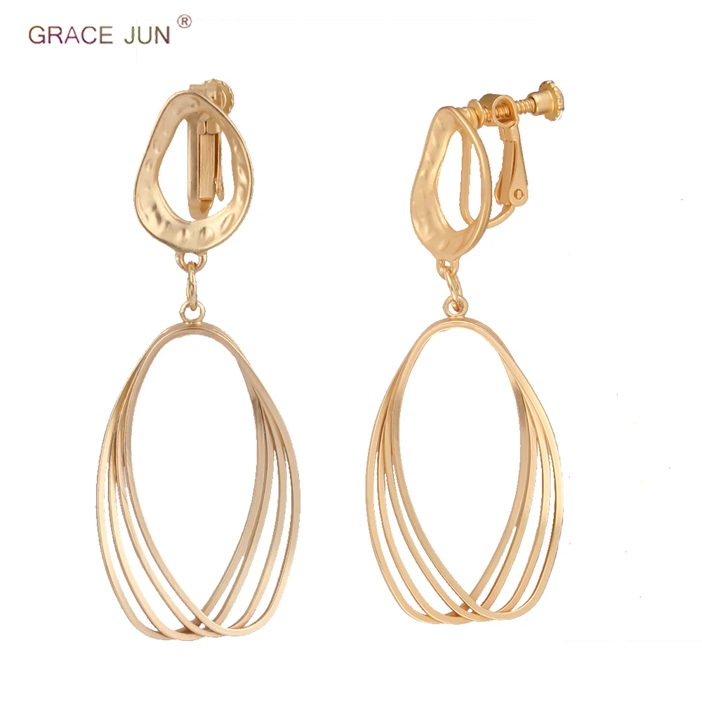 GRACE JUN Korea Style Gold Color  Copper Material Geoemtric  Clip on Earrings Without Pierced Elegant Cuff Ear Clip Anti-allergy