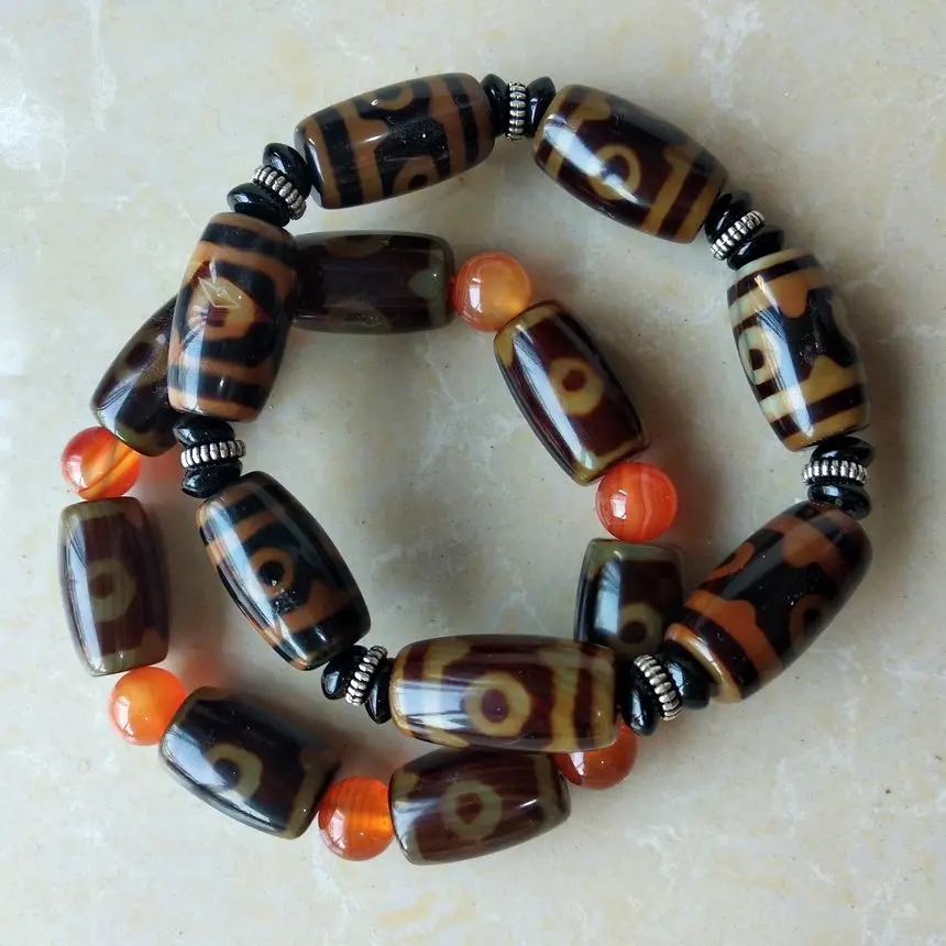 2 Piece Bangle Natural Tibetan Dzi Bead Amulet Lucky Vein 3 Eyes Mala Bead Talisman