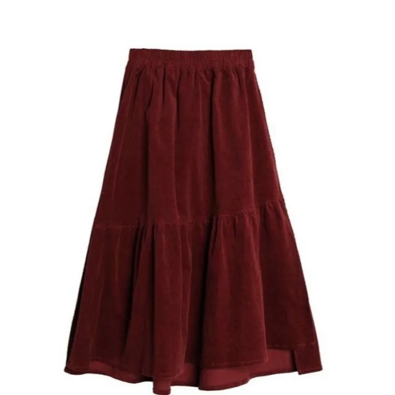 Plus Size Autumn Winter Corduroy Skirt Women Vintage Wine red Midi Long Skirts Female Elastic High Waist A-line Pleated Skirt