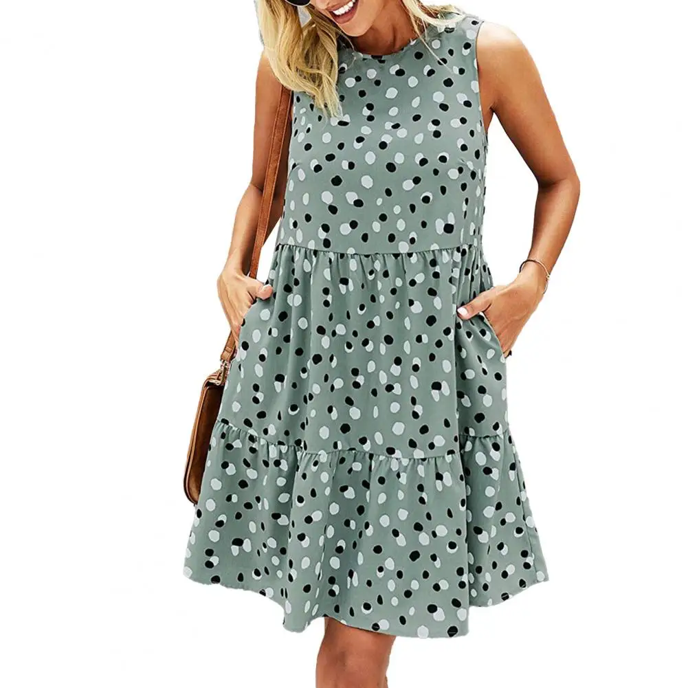 Summer Women Sundress O Neck Dots Print senza maniche orlo grande abito allentato al ginocchio per ufficio abbigliamento donna muslimexmuslimate 2021