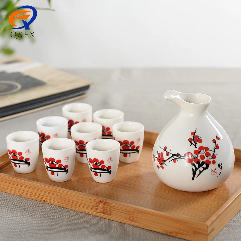 1Pot 8cups Japanese Sake Set Hand Painted Sake Pot With Tableware Wine Pot Suit Gift Kitchen Dining Bar