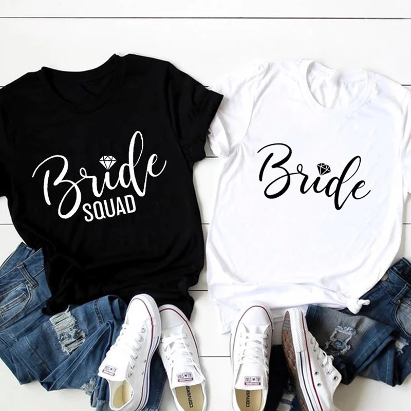 

Womens Bride And Bride Suqad T-shirt Ladies Bachelorette Party Cotton Tshirt Vintage Graphic Funny Bridal Shower Party Tees Tops