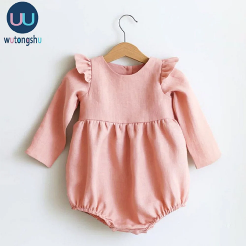 Baby Girl Rompers Solid Color Long Sleeve Baby Clothing Jumpsuits 0-24M 100% Cotton Linen Newborn Baby Girl Clothes