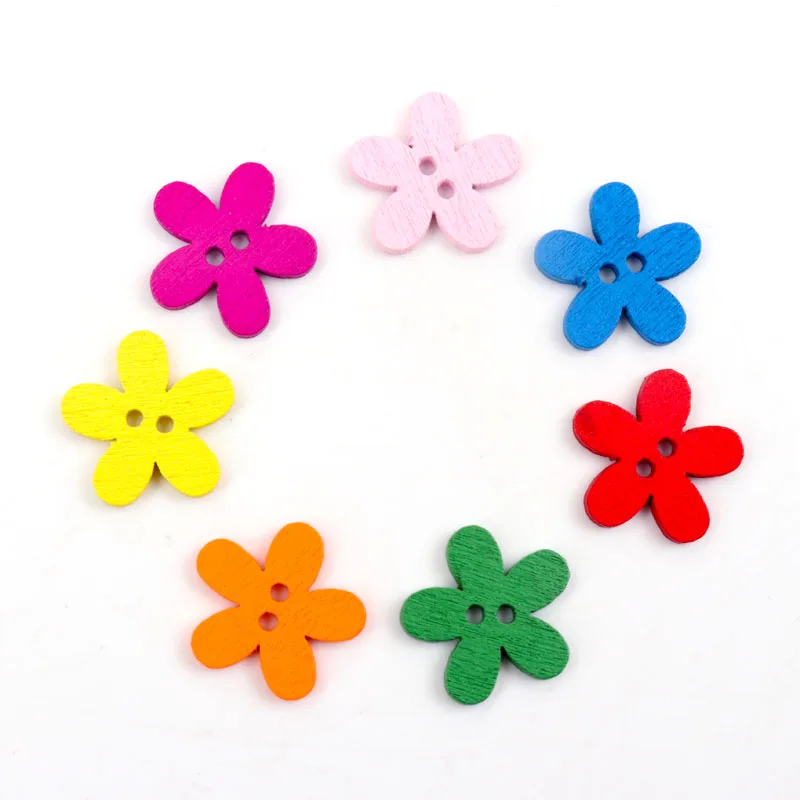 Multicolor Cute Flower Shape Buttons 2 Holes Wooden Handmade Sewing Painting Decoration Scrapbooking Crafts DIY 14x15mm 100pcs