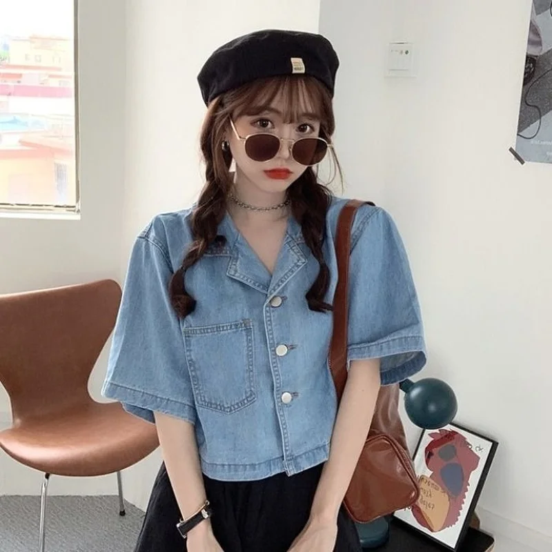 Retro Denim Short Sleeve Shirts Women Casual Straight Crop Tops Female Pockets Chic Designer Baggy French Vintage High Street OL