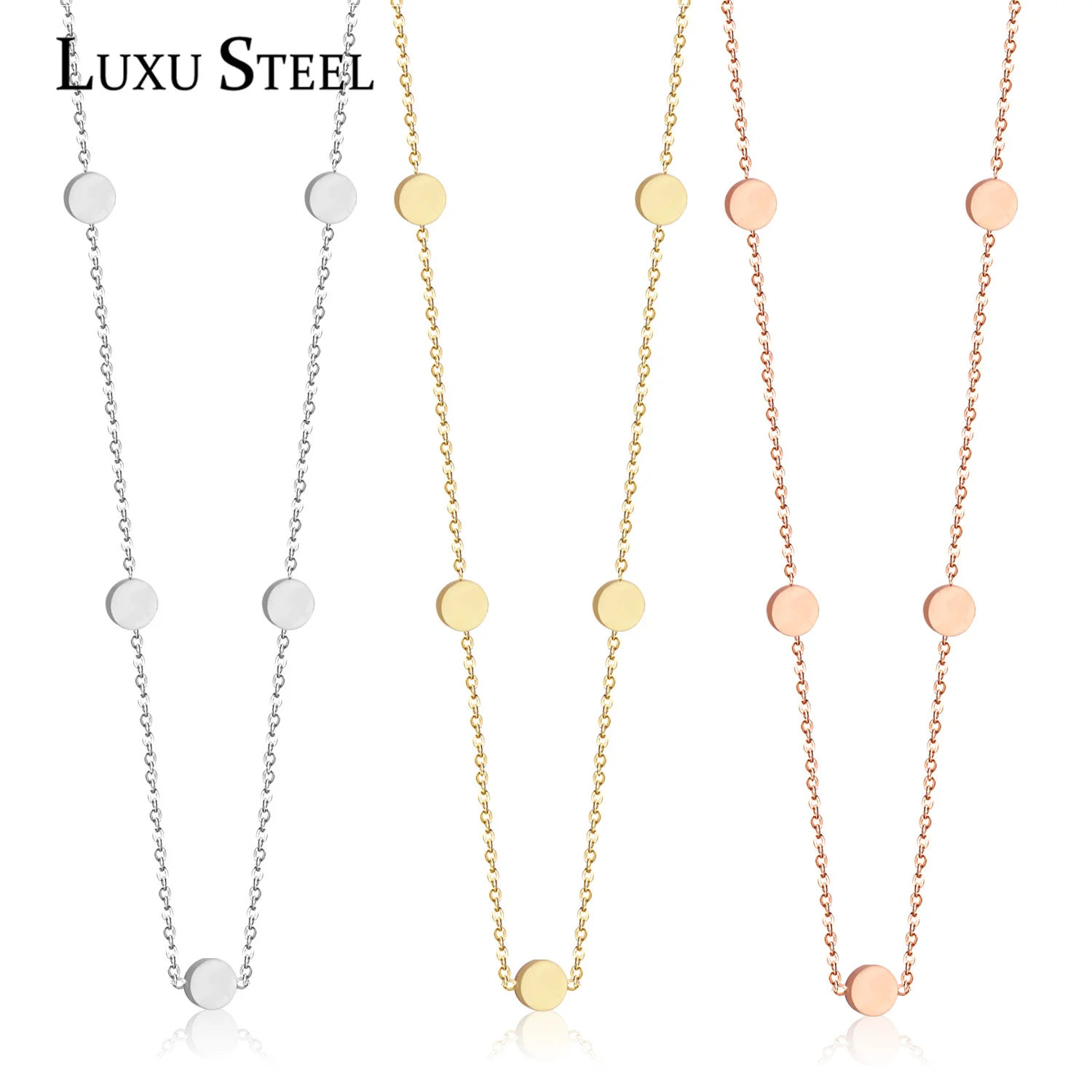 LUXUSTEEL Gold Color Round Coin Charm Necklaces For Women Stainless Steel Collars Choker Long Necklace Party Jewelry 35cm+5cm