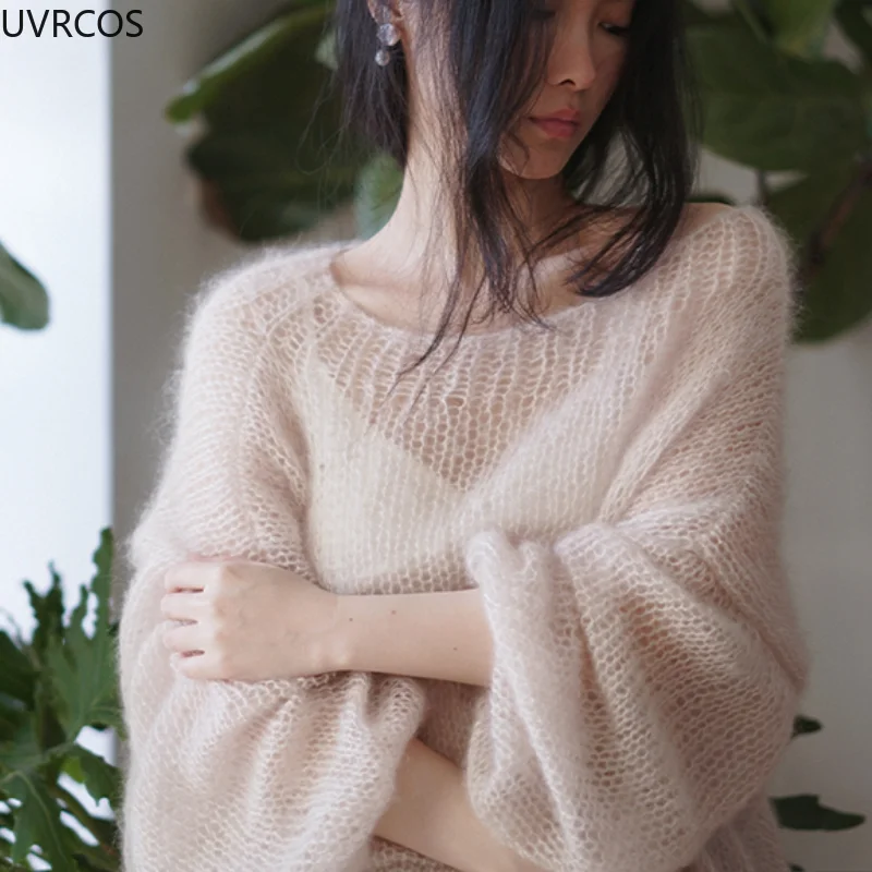 Knitted Sweaters Women Casual Slim Solid Mohair Thin Hollow Pullovers Slash Neck Loose Sweatshirt Sweet Elegant Korean Clothing