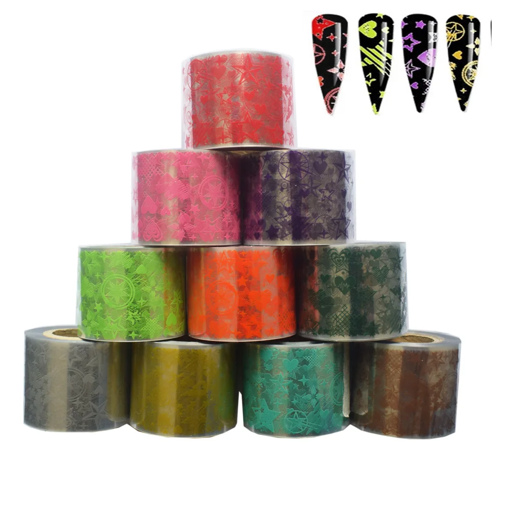 

10 Rolls Neon Stars Mapleaf Nail Foil Gel Stickers Decals 50m*4cm Transparent Base Adhesive Colorful Nails Art Decor Wraps Foils