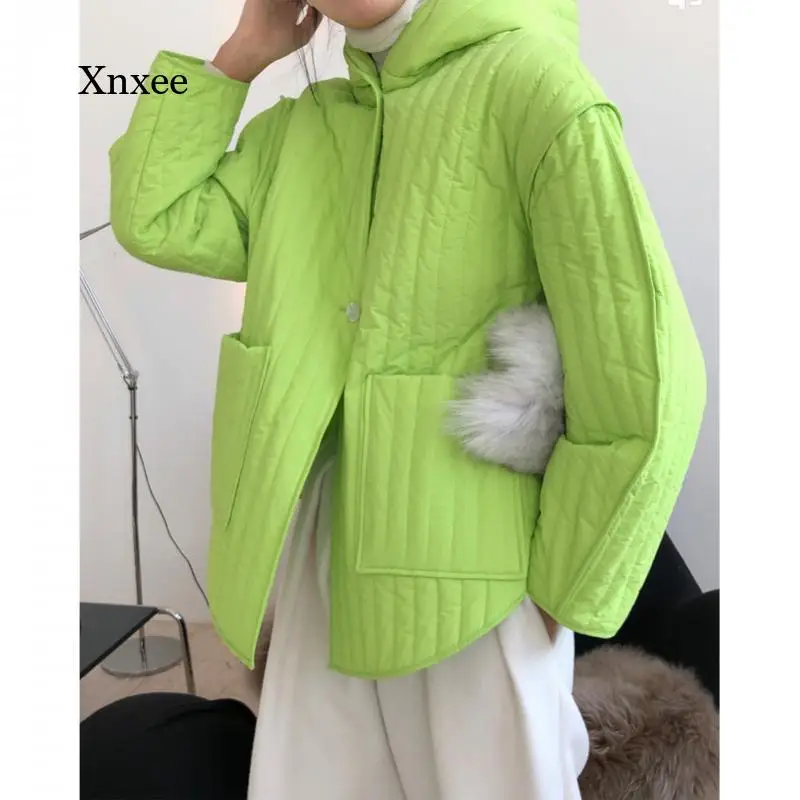 Cotton Hoodie Jacket Winter 2021 New Style Long-Sleeved Waist Padded Jacket with Slits Solid Color Overcoats Women Clothing