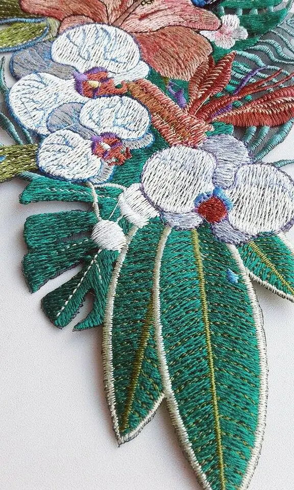 Parche bordado de pájaro y orquídeas tropicales de tucán, parches para planchar de calidad Extra para apliques de ropa, insignias de animales