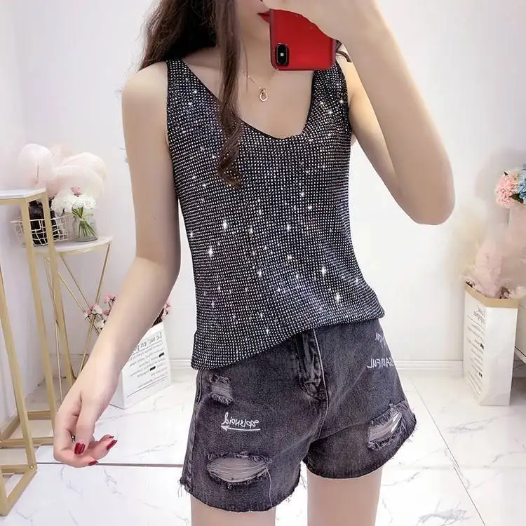 Hot Rhinestone Bright Silk Knitted Sweater Vest Women Fashion Thin Section Sleeveless Bottoming Sweater Vest Female Spring 2024