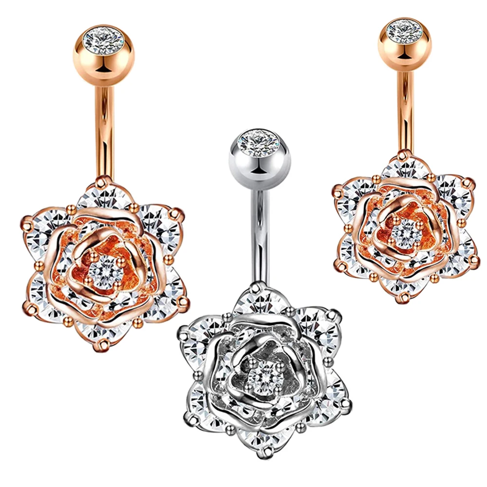 

14g Belly Button Rings Dangle Navel Rings Barbell CZ Paved Surgical Steel Body Piercing Jewelry for Women Rose Flower Nombril