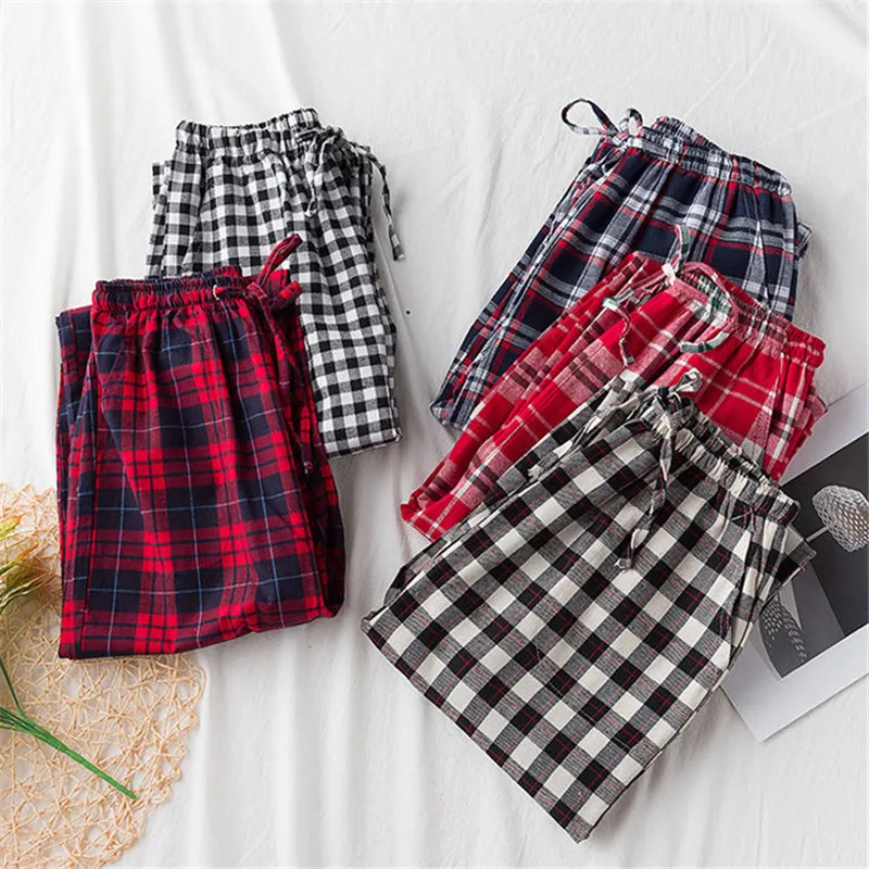 2019 Autumn Cotton Straight Plaid Women's Cotton Fannelette High Waist Color Lattice Loose Casual Pants