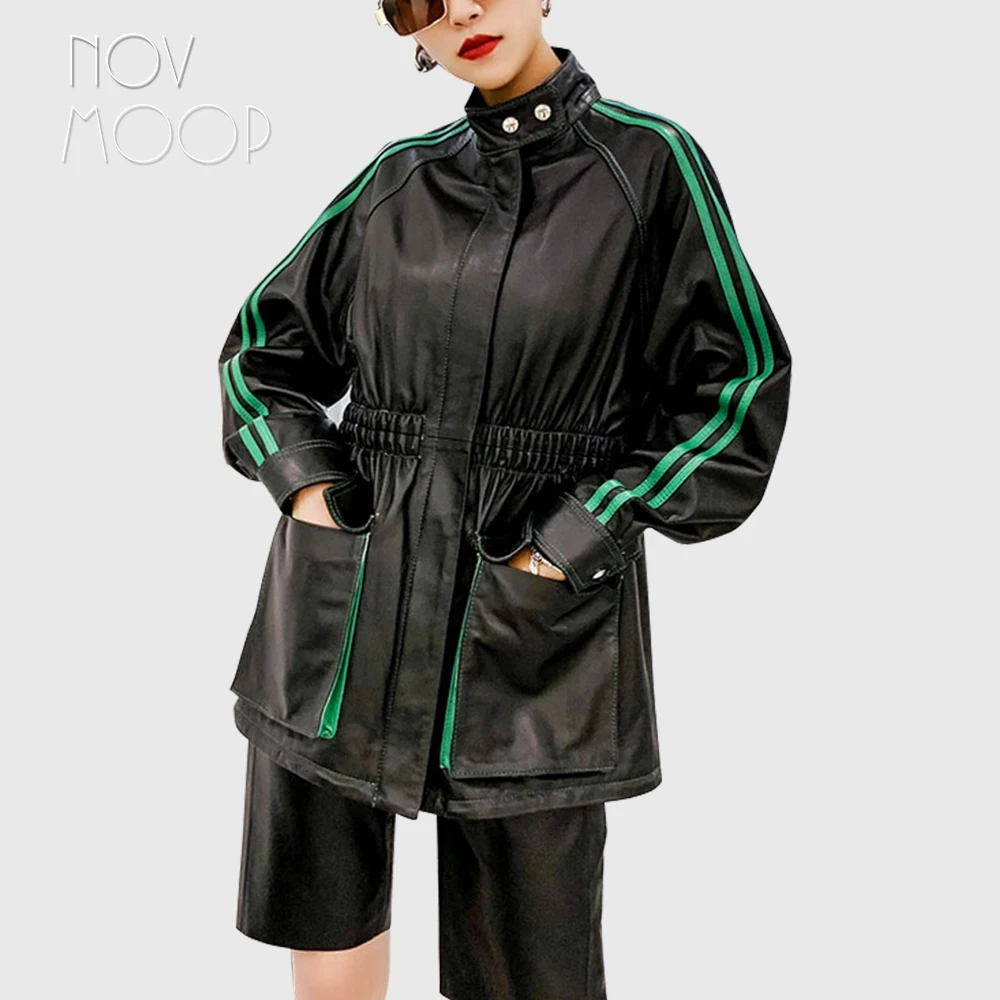 Novmoop sheepskin genuine leather women sports jacket patched with green leather strap sleeve easy to wear spring veste LT3468