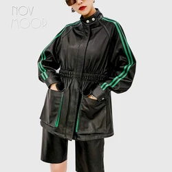 Novmoop-chaqueta deportiva de piel de oveja auténtica para mujer, parcheado con correa de cuero verde, manga, fácil de usar, primavera, LT3468