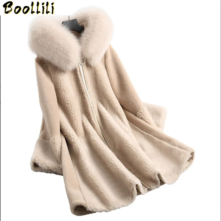 

Woman Sheep Boollili Shearing Coats Real Wool Fur Coat Female 2023 Long Winter Jacket Women Natural Fox Fur Hooded