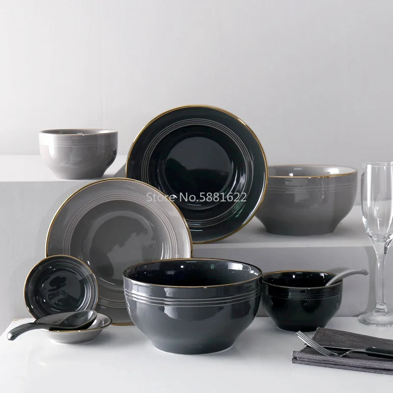 Phnom Penh Nordic Black Grey Simple Ceramic Tableware Set Household Rice Bowl Soup Plate Bowl and Dishes Plate Combination Set