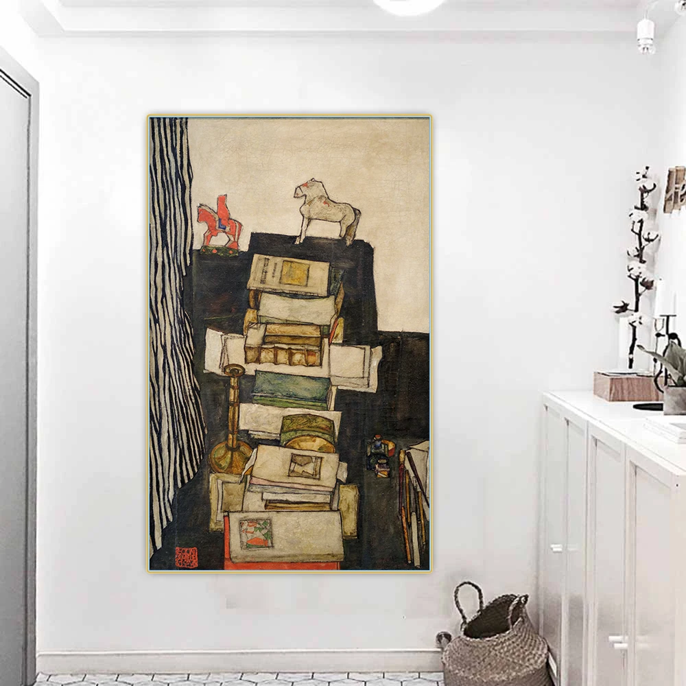 Citon Egon Schiele《Still Life with Books》Canvas Art Oil Painting Artwork Poster Picture Wall Decor Home Living room Decoration