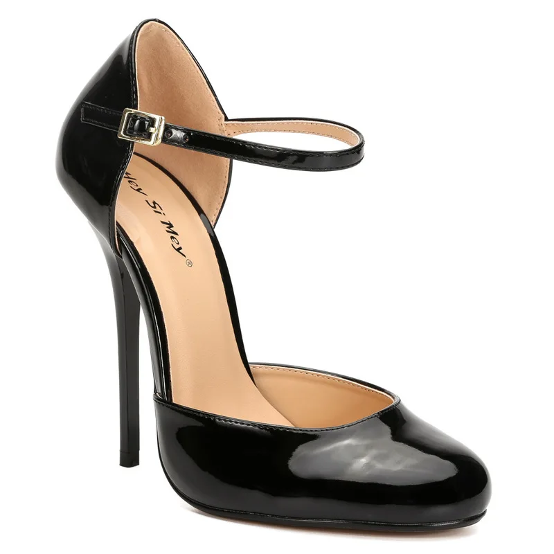 Décolleté da donna di marca 13CM tacchi alti sottili cinturino con fibbia in PU nero punta tonda classici abito di moda scarpe da sposa per donna