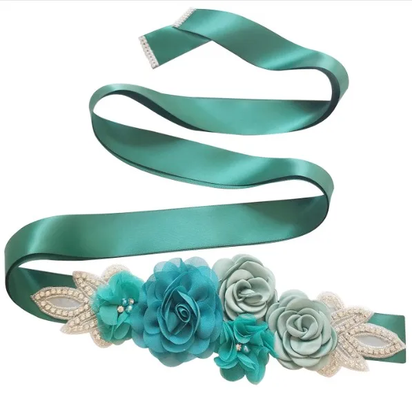 Cinturones de flores para mujer y niña, accesorios de vestido de graduación nupcial, faja Floral, verde, azul, rubor, rosa, blanco