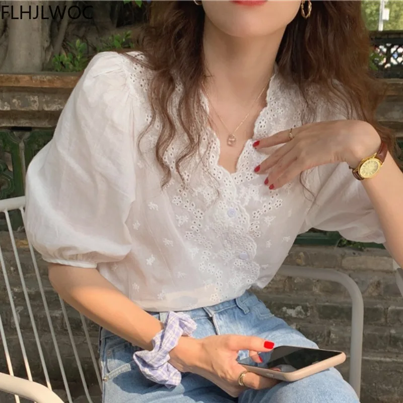 Women Chic Korea Design Clothes Fashion Short Sleeves Solid Lace Hollow Out Embroidery Tops Single Breasted Button White Shirt