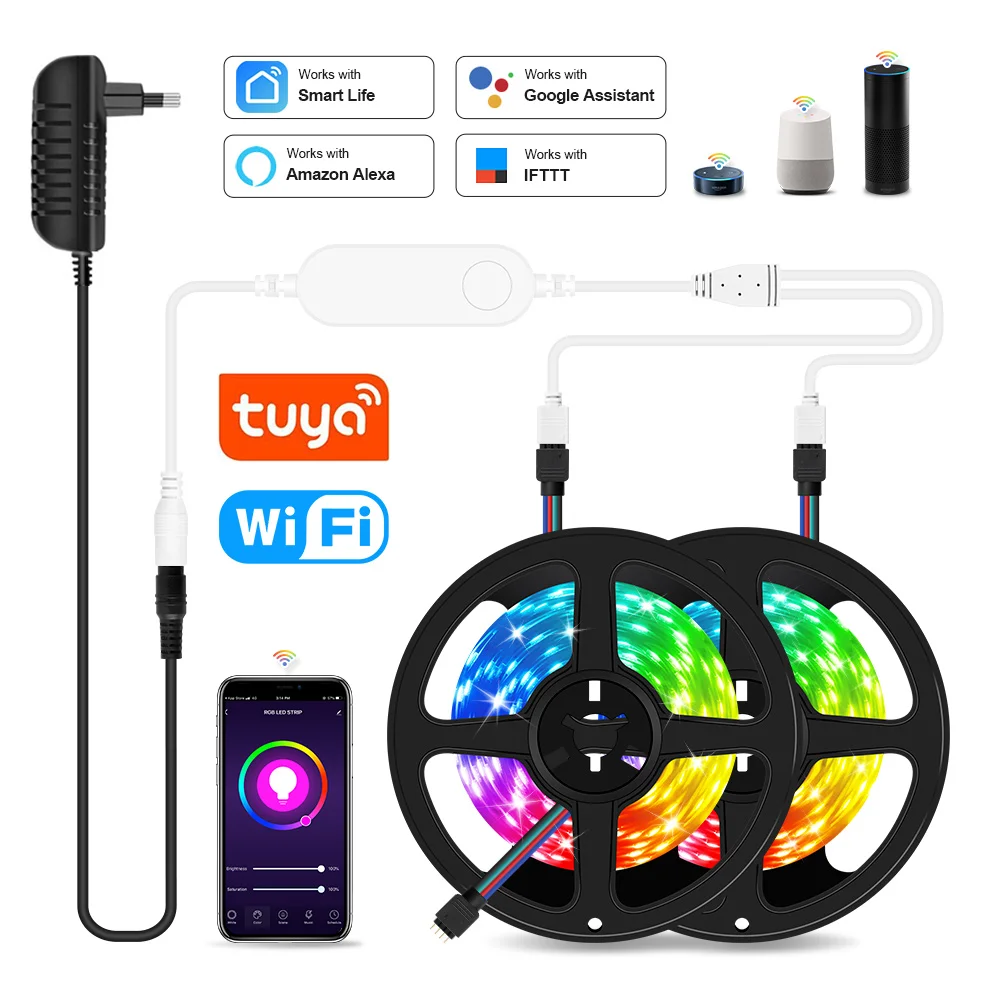 WiFi inteligentna taśma LED światła 20M RGB 5050 elastyczna wstążka DC12V LED światła 5M 10M 15M praca z Alexa Google Home sterowanie głosem