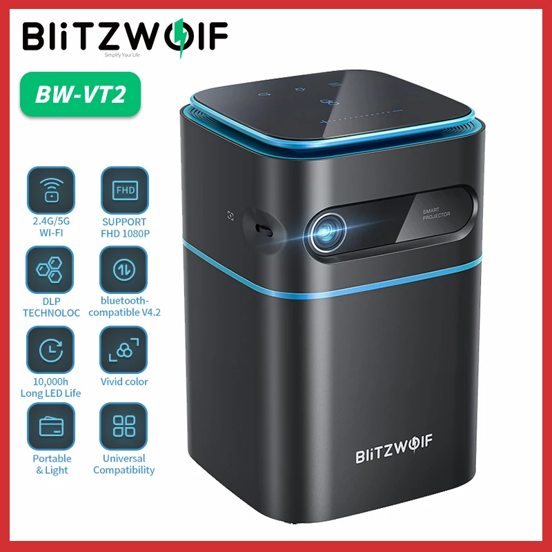 BlitzWolf BW-VT2 DLP Mini proiettore WIFI 1080P 2.4G / 5G WIFI proiezione Wireless Hand Cinema Movie 4K Video Mini proiettore Led