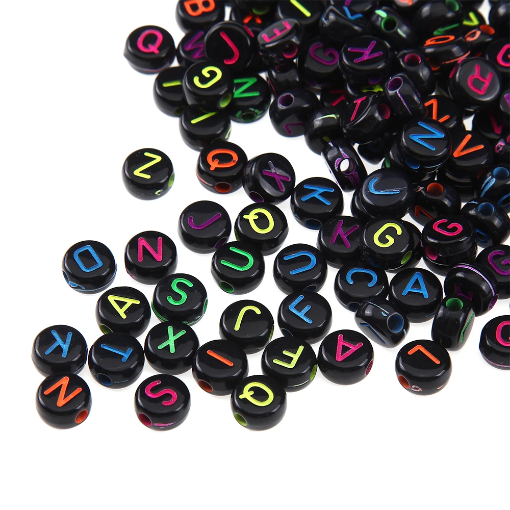 Potosala 100Pcs 4*7mm Acrylic Letter Beads Round Black Fluorescent Alphabet Loose Spacer Beads For DIY Bracelet Jewelry Making