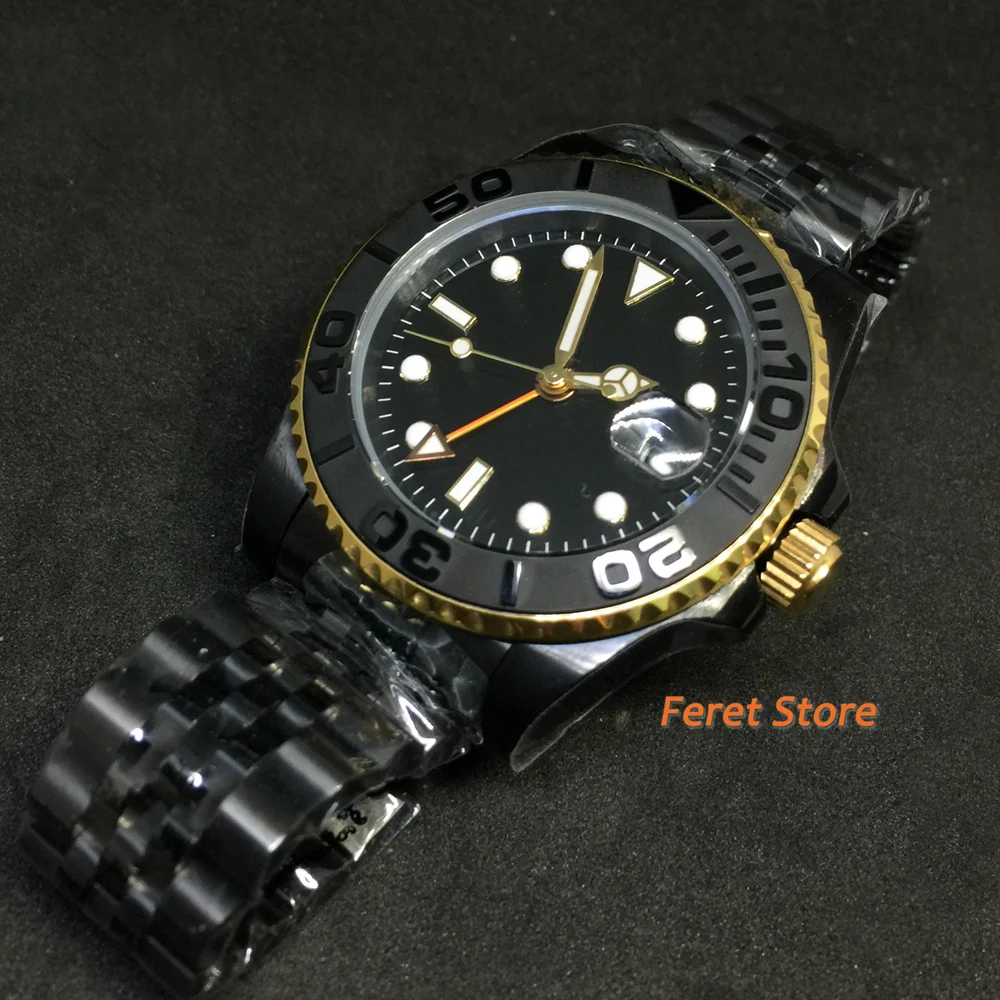 

BLIGER 40mm GMT Sterile Men's Business Watch Black PVD Case Black dial Sapphire Glass Black ceramics Bezel Date Automatic Watch