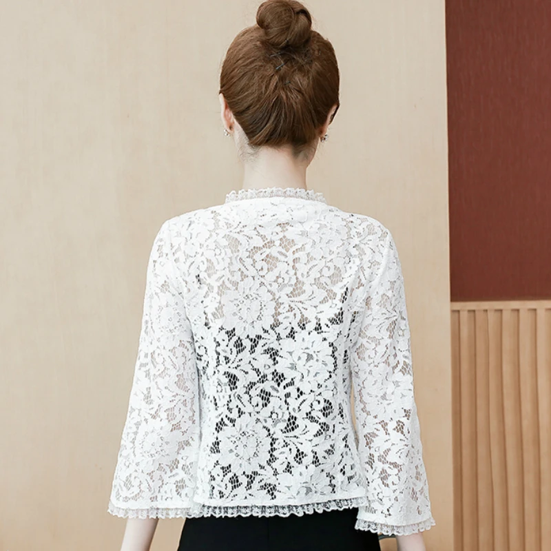 Women\'s Jackets 2024 Fashion Flare Sleeve White Jacket Women Jacket Beading Hollow Lace Jacket Women Coat B891