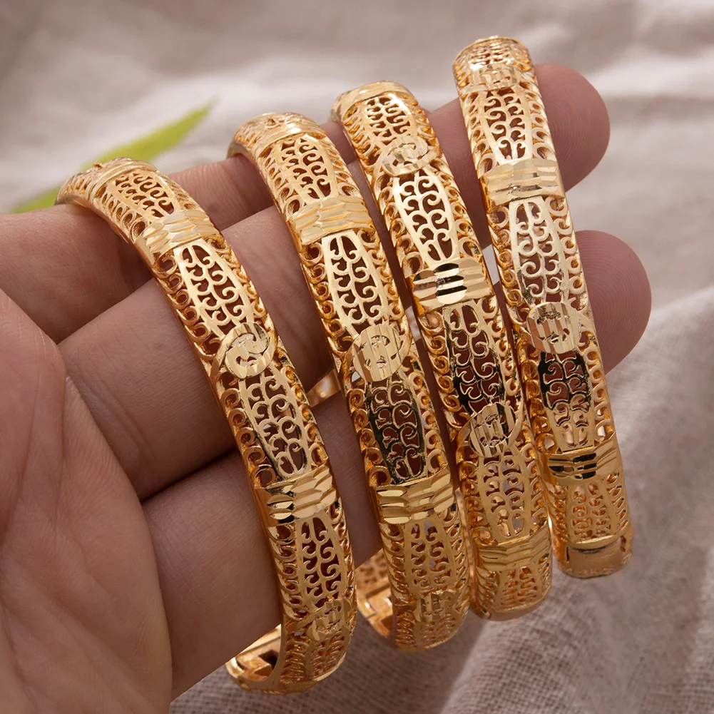 

4pcs/lot Flower 24K Gold Color Wedding Dubai Bangles for Women Bride Bracelets Ethiopian/france/African/Dubai Jewelry gifts