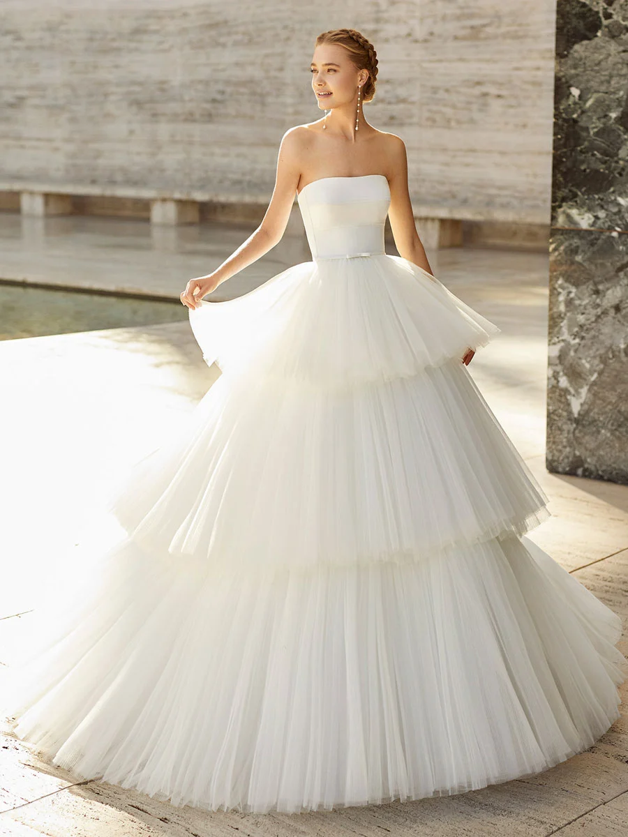 Vestidos De Novia Modesto Eenvoudige Trouwjurken Baljurk Strapless Tulle Tiered Goedkope Boho Trouwjurk Bridal Jurken