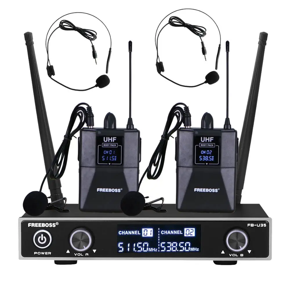 FB-U35H2 Dual Way UHF Fixed Frequency Wireless Microphone System with 2pcs Bodypack + 2pcs lavalier&headset Speech Mic