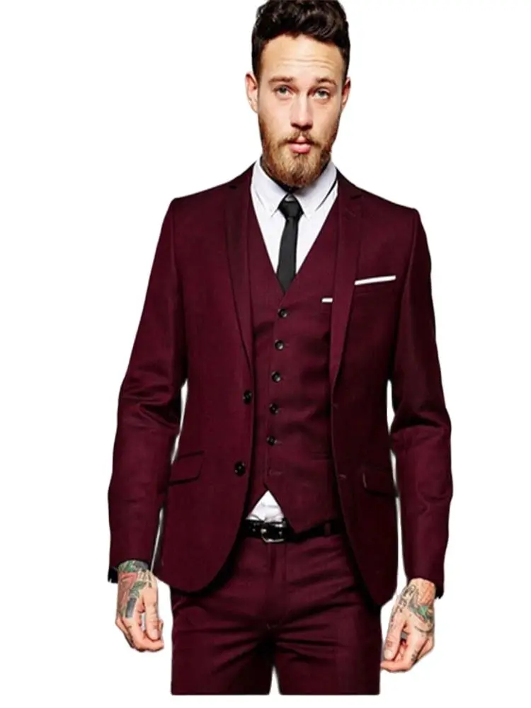 

Burgundy 2 Buttons Best Man Wedding Suits Blazer Trousers 3Pcs(Jacket+Pants+Vest+Tie)Groom Slim Fit Prom Dinner Party Wear Suits