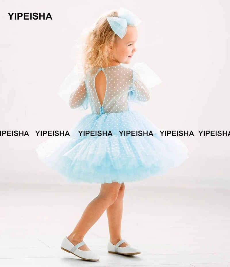 Yipeisha Long Sleeve Baby Girl Dress Dot Tulle Cupcake Dresses For Toddlers Party Communion Dress Short Flower Girl Dresses Kids