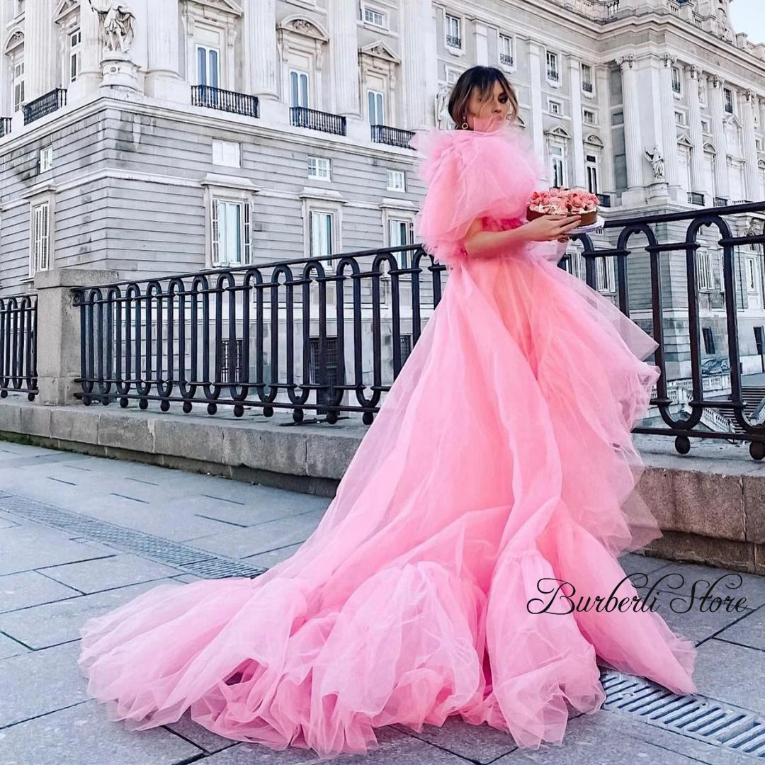 

Fashion Pink High Low Tulle Ruffles Party Dresses Women Long Prom Gowns Pretty Lace Up Birthday Party Gown Vestido De Mujer