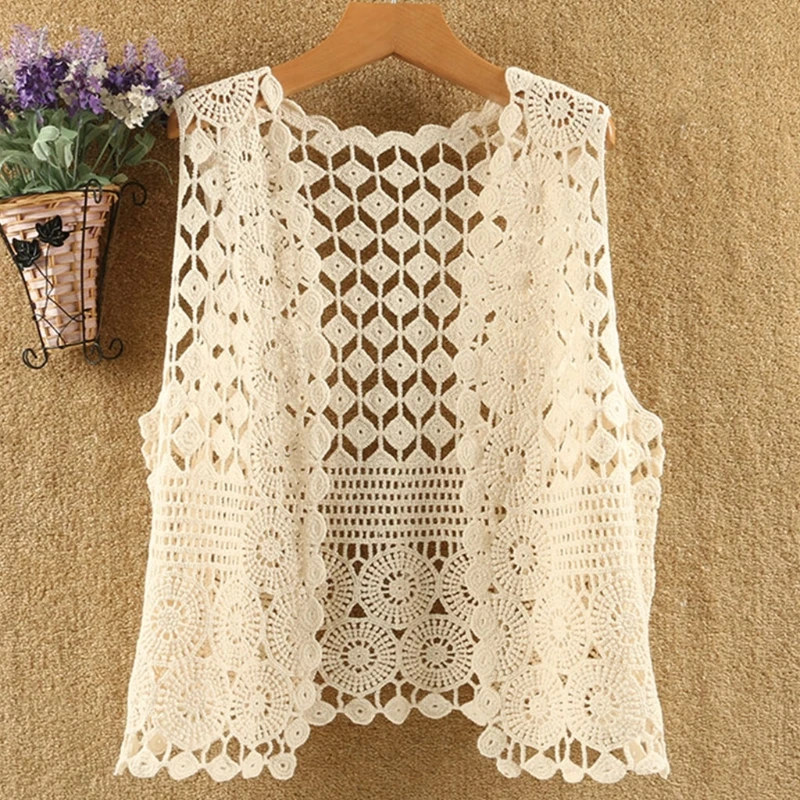 Women Hollow Out Crochet Crop Top Vest Open Front Floral Lace Sleeveless Jacket