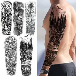 Black Forest Wolf tatuajes temporales manga para hombres y mujeres, soldado falso, brújula, ojo, tatuaje, pegatina, brazo completo, juegos de tatuajes lavables