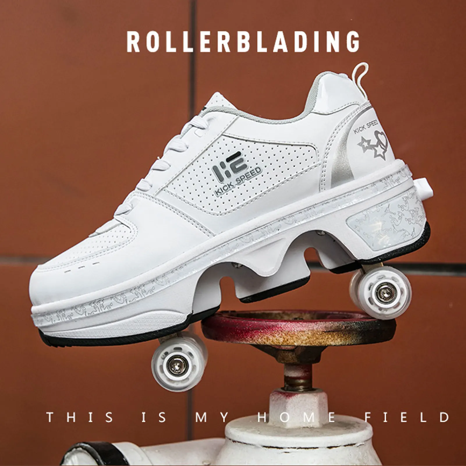 PU Wheels Deformation Roller Shoes Parkour  Shoes 4 Wheels Rounds Of Running Shoes Roller Skates Shoes for Unisex Skating Shoes