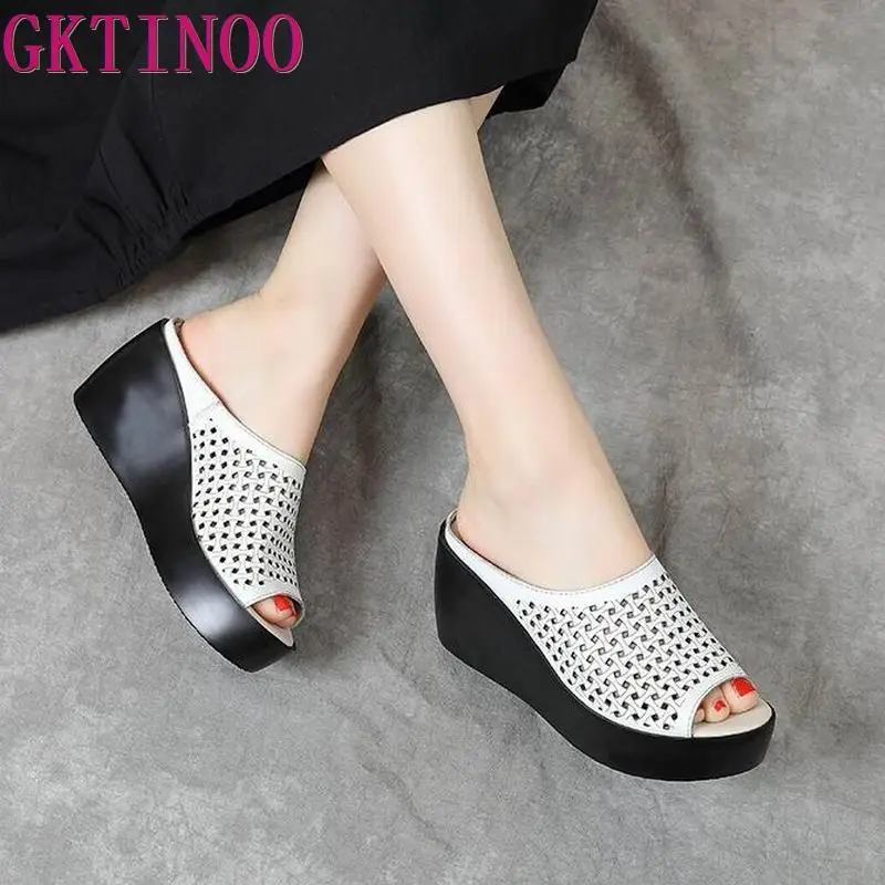 GKTINOO genuine leather Summer women slippers Open Toe flip flops sandals Women Wedges Slippers black white slides sandals