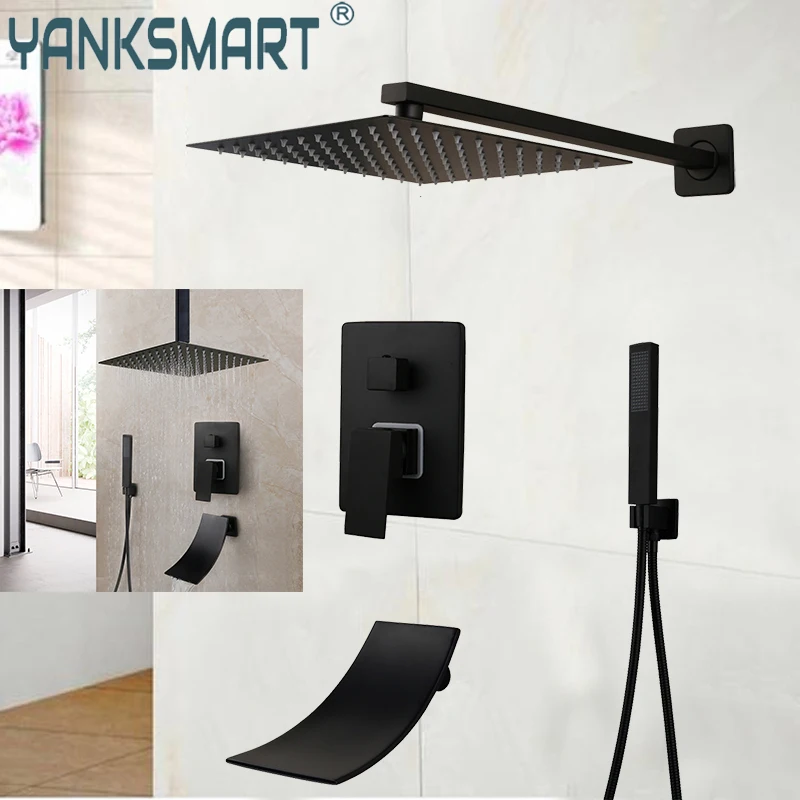 

YANKSMART Bathtub Shower Faucet Bathroom Matte Black MixerShower Arm Wall Mounted Faucet With Hand Shower System Set