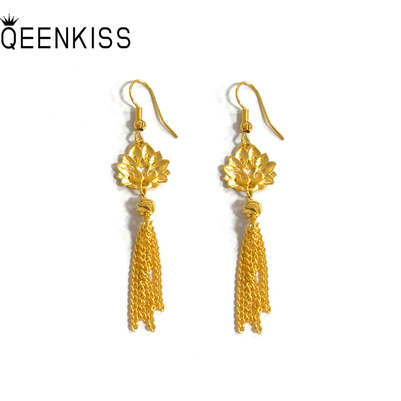 

QEENKISS 24KT Gold Peacock Tassel Drop Earrings For Women Fine Wholesale Jewelry Wedding Party Bride Ladies Mother Gift EG573