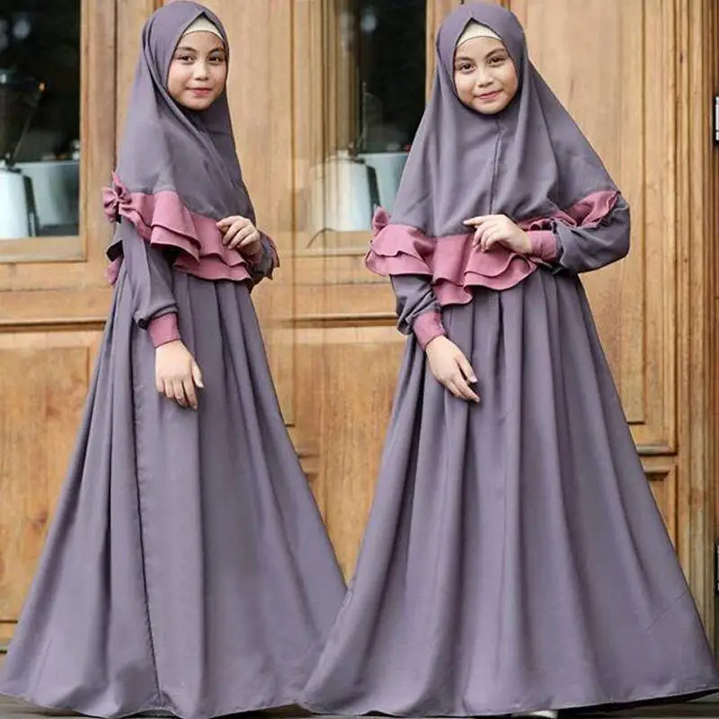 2PCS Kids Girls Abaya Ramadan Muslim Prayer Garment Hijab Maxi Dress Set Robes Islamic Children Dresses Kafan Robe Arab Clothes