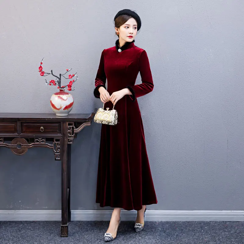 

Soft Comfortable Clothes Women Velour Cheongsam Long Dress Socialite Style Dresses Sexy Ladies Party Evening Ball Gown Dress