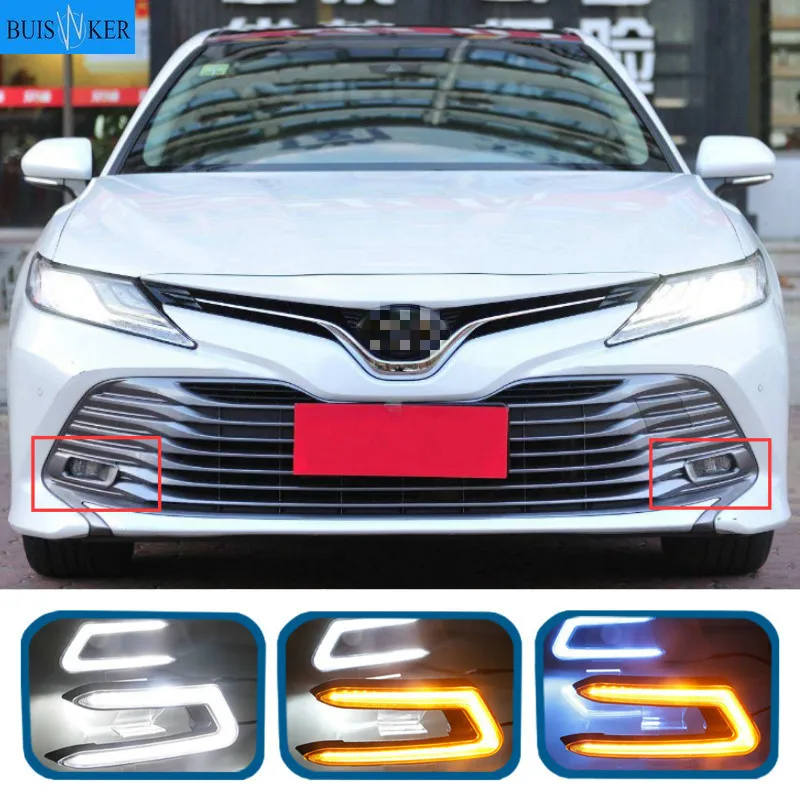 

1 Pair Car LED DRL Daytime Running Lights fog lamp cover Daylight Turn yellow and night blue For Toyota Camry 2018